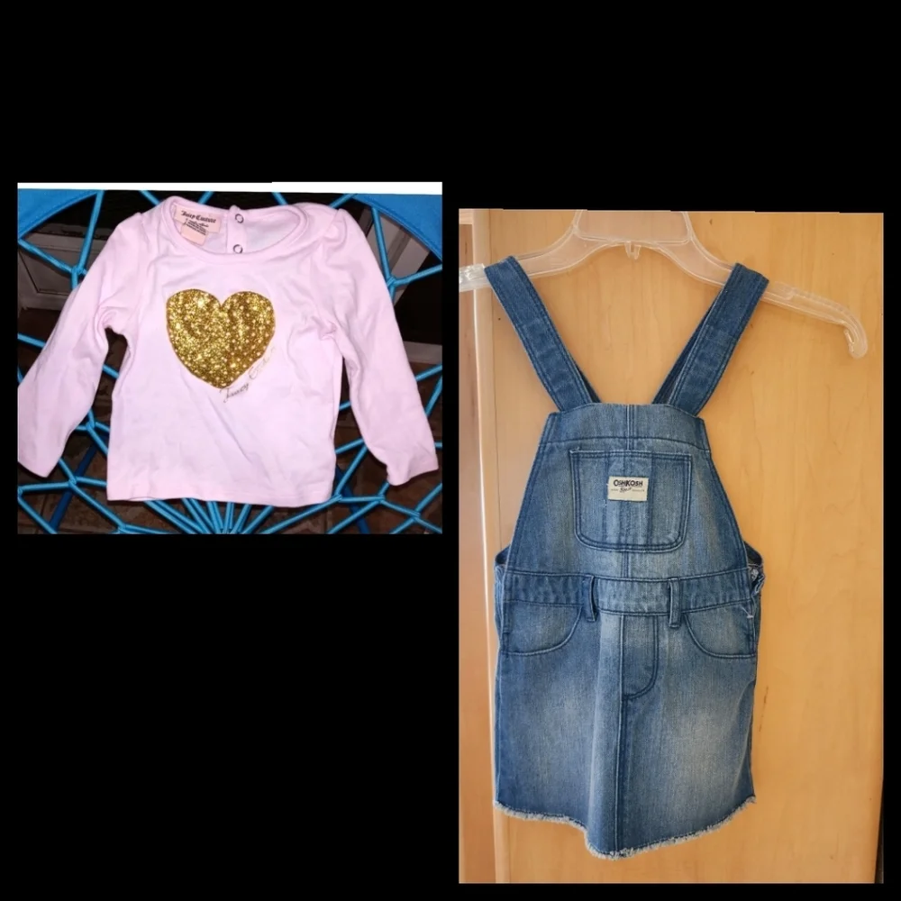 Lot (2)Juicy Couture Girl Pink & Gold Heart Top 18M +OshKosh Girls Bib Overalls